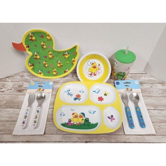 Vintage Set 6 Duck Serving Set Plate Bowl Fork Spoon Sippy Cup Section Tray - Picture 1 of 13